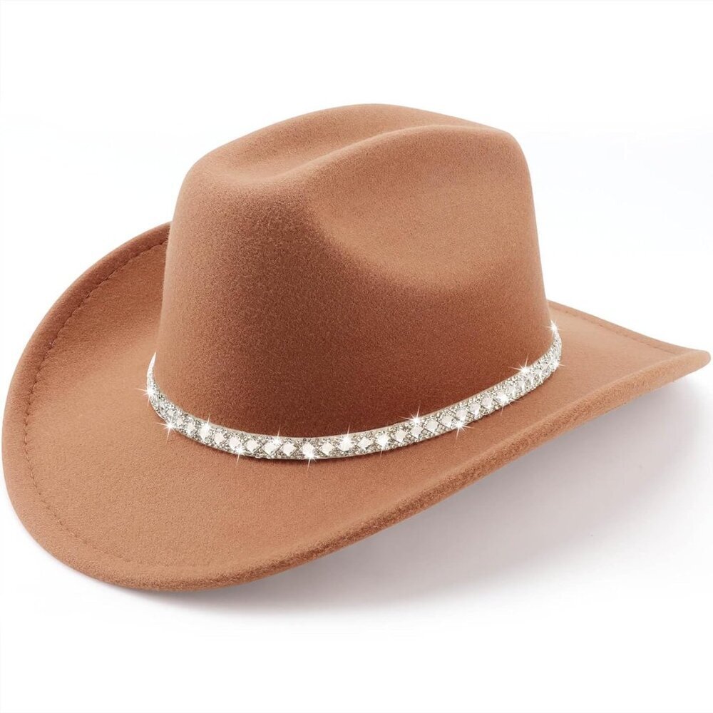 Women's Khaki Western Faux Sparkling Rhinestone Band Fedora Cowboy Felt Hat